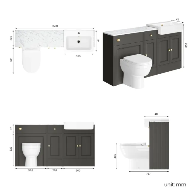Monaco Graphite Grey Combination Vanity Basin with Marble Top and Seattle Toilet 1500mm - Brushed Brass Accents