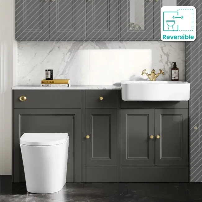 Monaco Graphite Grey Combination Vanity Basin with Marble Top and Boston Toilet 1500mm - Brushed Brass Accents