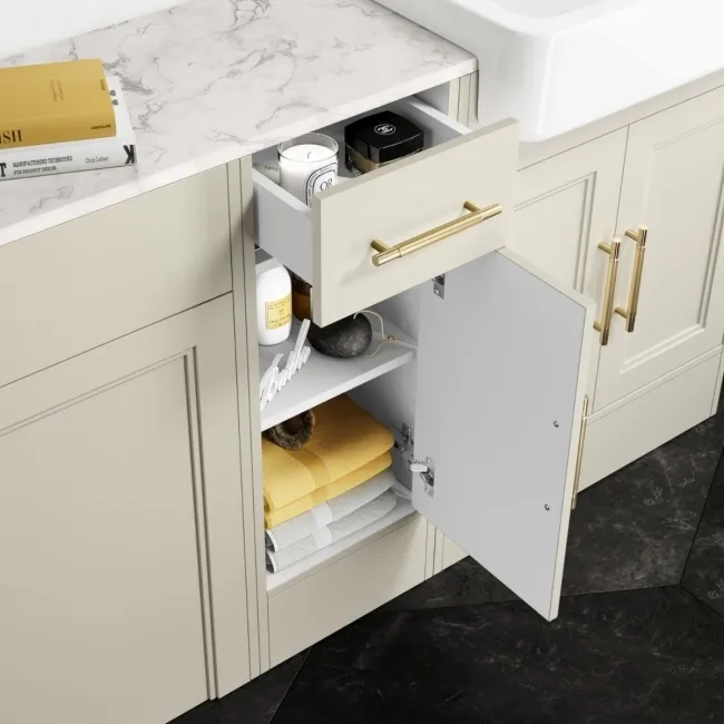 Monaco Chalk White Combination Vanity Basin with Marble Top and Boston Toilet 1500mm - Brass Knurled Handles
