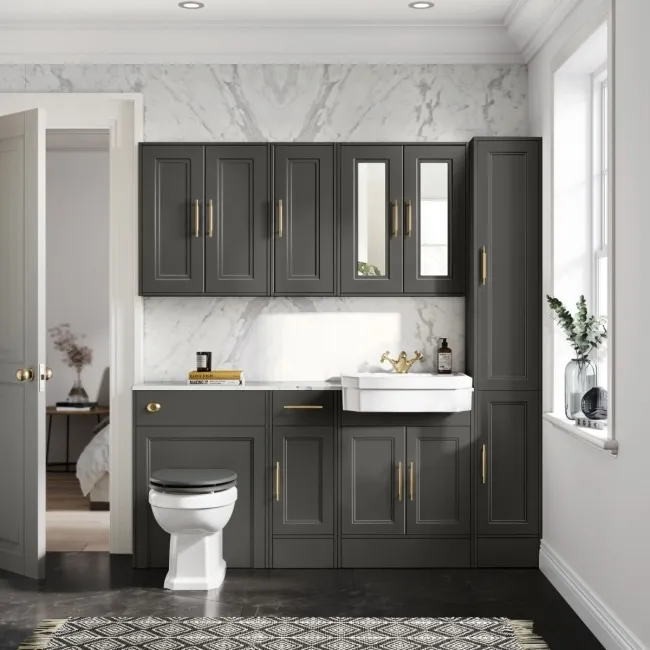 Monaco Graphite Grey Combination Vanity Traditional Basin with Marble Top & Hudson Toilet with Wooden Seat 1500mm - Brass Knurled Handles
