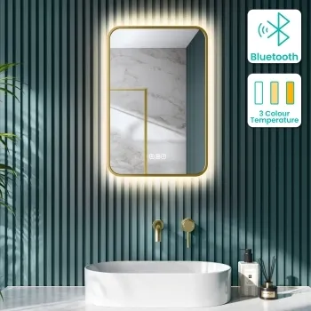 Mila Brushed Brass Backlit Illuminated LED Mirror With BLUETOOTH Speaker 600x400mm
