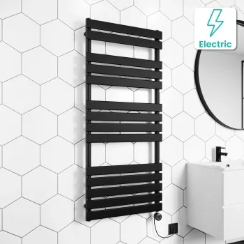 Santorini Electric Matt Black Flat Panel Heated Towel Rail 1400x600mm