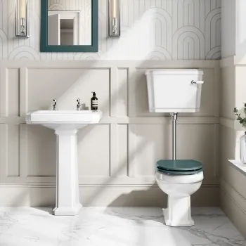 Hudson Traditional Low-Level Toilet With Midnight Green Seat & Pedestal Basin - Double Tap Hole