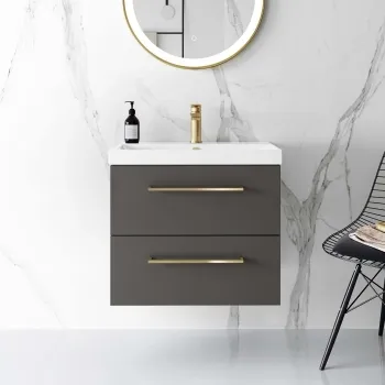 Elba Graphite Grey Wall Hung Basin Drawer Vanity 600mm - Brushed Brass Accents