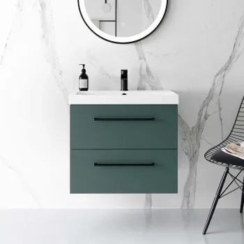 Elba Midnight Green Wall Hung Basin Drawer Vanity 600mm - Black Accents