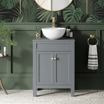 Bermuda Dove Grey Vanity with Round Counter Top Basin 600mm - Brushed Brass Accents