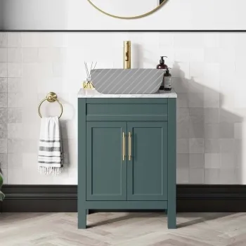 Bermuda Midnight Green Cabinet with Marble Top 600mm Excludes Counter Top Basin - Brass Knurled Handles