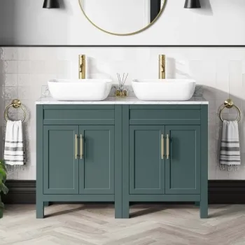 Bermuda Midnight Green Vanity with Marble Top & Curved Counter Top Basin 1200mm - Brass Knurled Handles