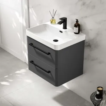 Omaha Slate Grey Wall Hung Basin Drawer Vanity 600mm - Black Accents