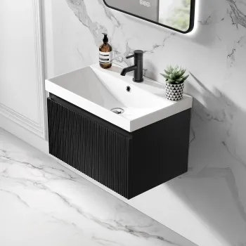 Malta Fluted Matt Black Wall Hung Basin Drawer Vanity 600mm