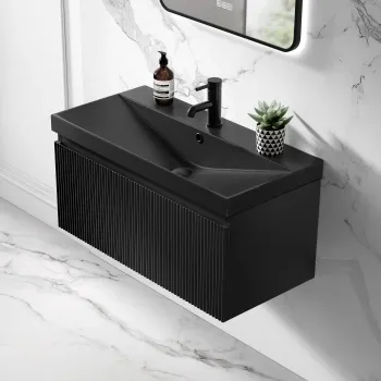 Malta Fluted Matt Black Wall Hung Drawer Vanity with Matt Black Basin 800mm