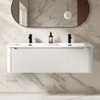 Sorrento Fluted Coastal White Wall Hung Double Basin Drawer Vanity 1200mm