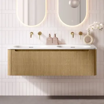 Sorrento Fluted Country Oak Wall Hung Drawer Vanity with Matt White Double Basin 1200mm