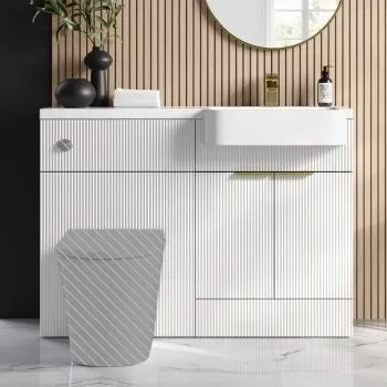 Sicily Fluted Coastal White Basin Vanity and Back To Wall Toilet Unit 1200mm (Excludes Toilet) - Brushed Brass Accents - Right Handed