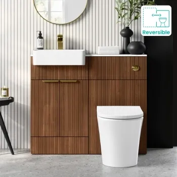 Sicily Fluted Black Walnut Combination Vanity Basin with Marble Top & Tucson Toilet 1000mm - Brushed Brass Accents