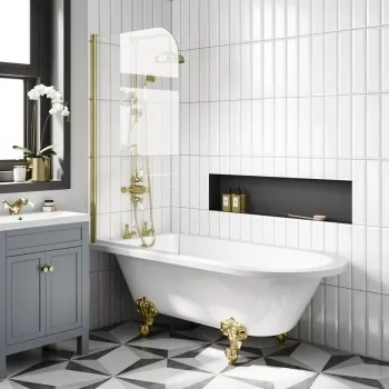 Abingdon 1700 Roll Top Shower Bath - Brushed Brass Ball Feet & 6mm Easy Clean Brushed Brass Bath Screen