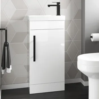 Avon Gloss White Cloakroom Floor Standing Basin Vanity 400mm - Black Accents