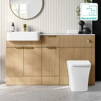 Sicily Fluted Country Oak Combination Vanity Basin with Marble Top & Houston Toilet 1500mm - Brushed Brass Accents