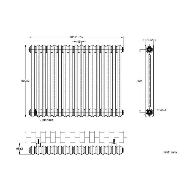 Athens Matt Black Double Column Horizontal Traditional Radiator 600x785mm