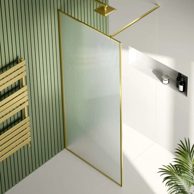 Munich Fluted Effect Brushed Brass Easy Clean 8mm Wet Room Shower Glass Panel 900mm