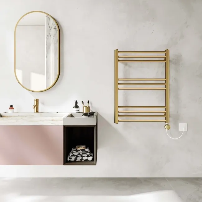 Barcelona Electric Brushed Brass Straight Heated Towel Rail 800x600mm