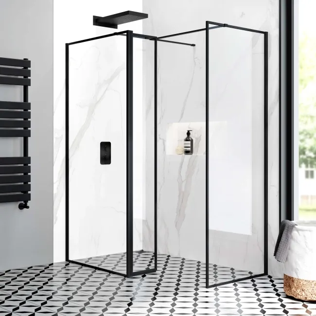 Munich Matt Black Framed 8mm Walk In Shower Enclosure 900mm & 800mm Glass with Pivotal Return Panel