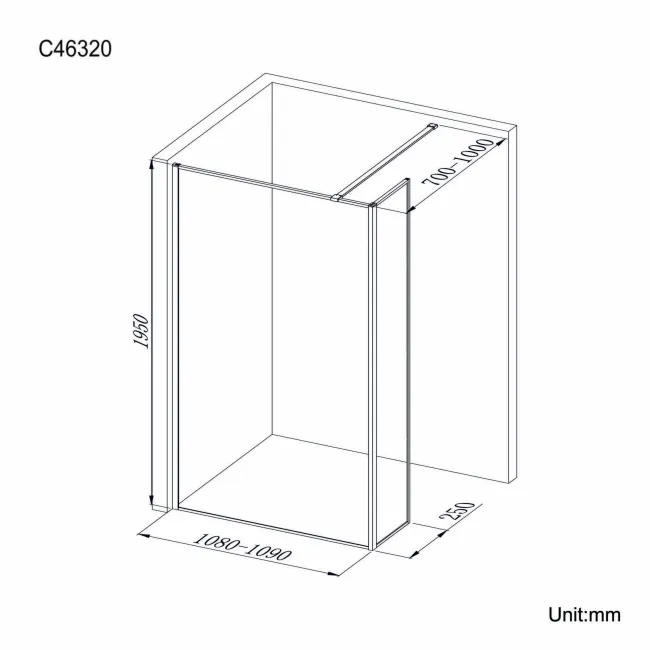 Munich Matt Black Framed 8mm Wet Room Shower Glass 1100mm & 250mm Return Panel