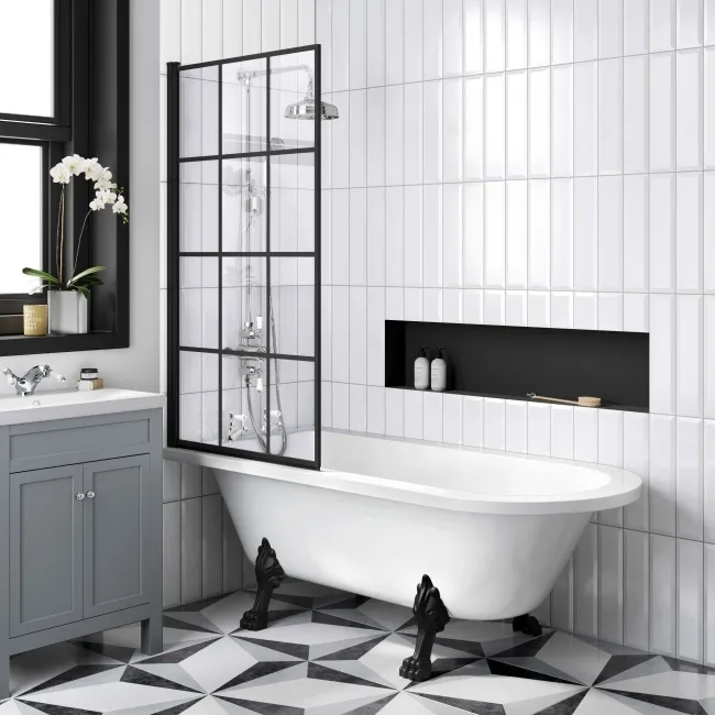 Abingdon 1700 Roll Top Shower Bath - Black Claw Feet & 6mm Easy Clean Matt Black Grid Screen