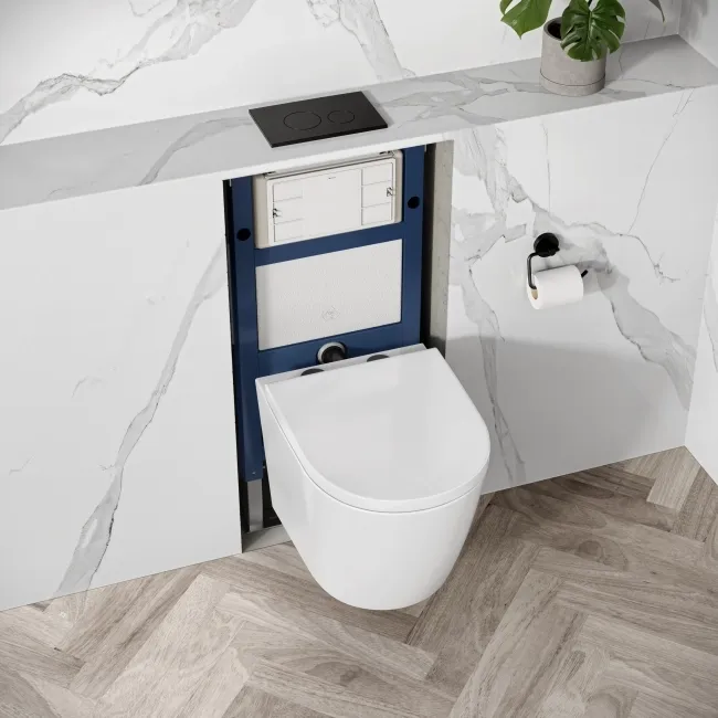 Idaho Pneumatic Compact Top & Front Wall Hung Toilet Frame and Concealed Cistern with Matt Black Flush Plate - Round Buttons