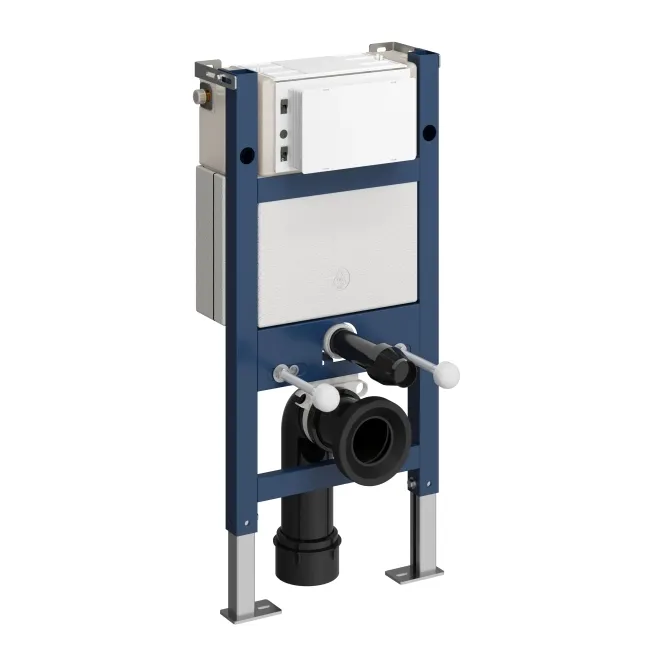 Idaho Pneumatic Top & Front Compact Wall Hung Toilet Frame and Concealed Cistern with Brushed Brass Flush Plate - Square Buttons