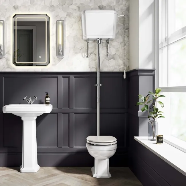 Hudson Traditional High-Level Toilet With Cotton White Seat & Pedestal Basin - Single Tap Hole
