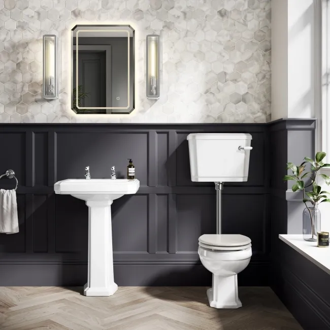 Hudson Traditional Low-Level Toilet With Cotton White Seat & Pedestal Basin - Double Tap Hole