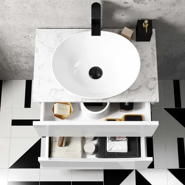 Austin Gloss White Wall Hung Drawer Vanity with Marble Top & Oval Counter Top Basin 600mm