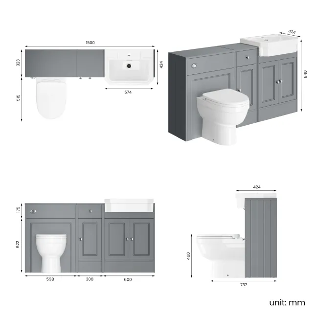 Monaco Dove Grey Combination Vanity Traditional Basin and Seattle Toilet 1500mm