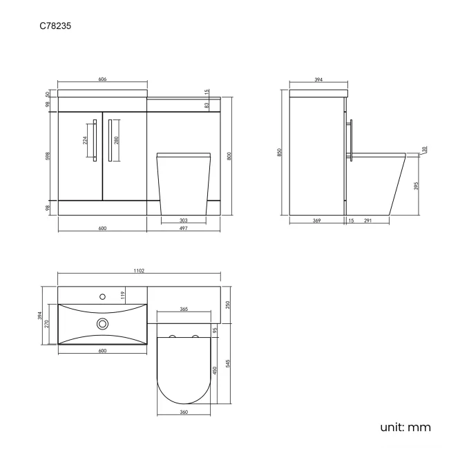 Avon Stone Grey Combination Vanity Basin and Boston Toilet 1100mm