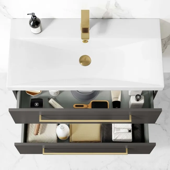 Elba Graphite Grey Wall Hung Basin Drawer Vanity 800mm - Brushed Brass Accents