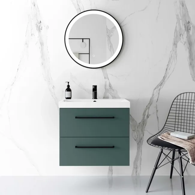 Elba Midnight Green Wall Hung Basin Drawer Vanity 600mm - Black Accents
