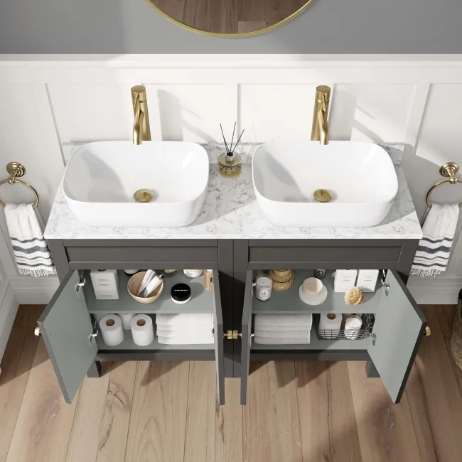 Bermuda Graphite Grey Vanity with Marble Top & Curved Counter Top Basin 1200mm - Brushed Brass Accents
