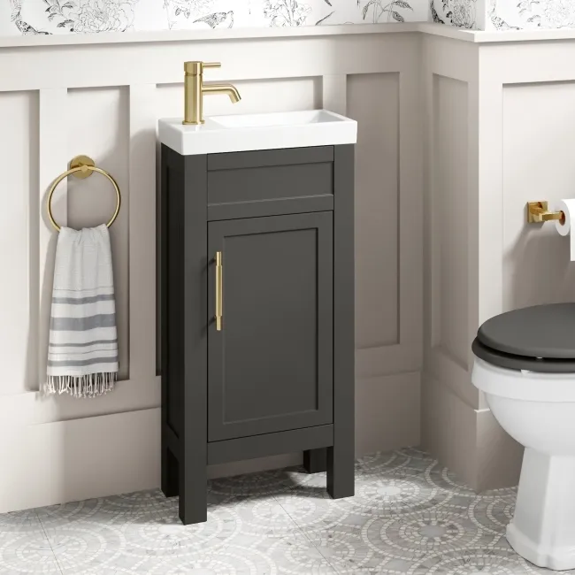 Bermuda Graphite Grey Cloakroom Basin Vanity 400mm - Brass Knurled Handles