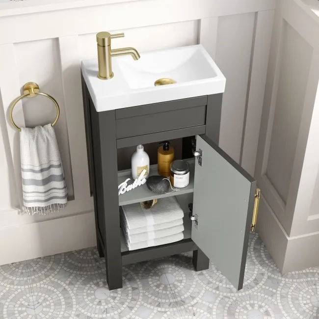 Bermuda Graphite Grey Cloakroom Basin Vanity 400mm - Brass Knurled Handles