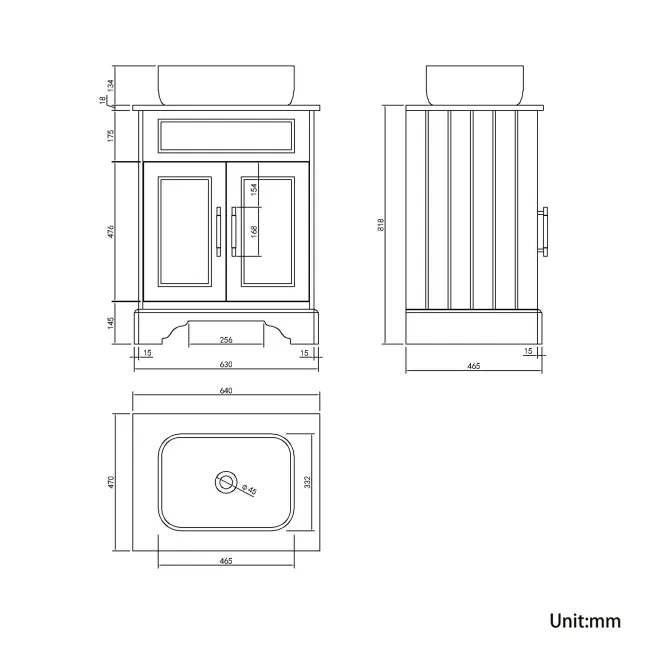 Lucia Chalk White Vanity with Oak Effect Top & Curved Counter Top Basin 640mm - Brass Knurled Handles
