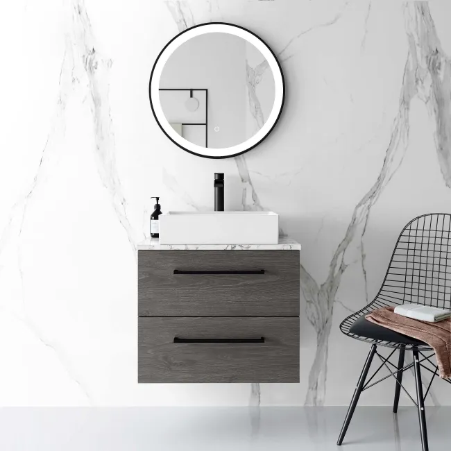Elba Charcoal Elm Wall Hung Drawer Vanity with Marble Top & Cody Basin 600mm - Black Accents
