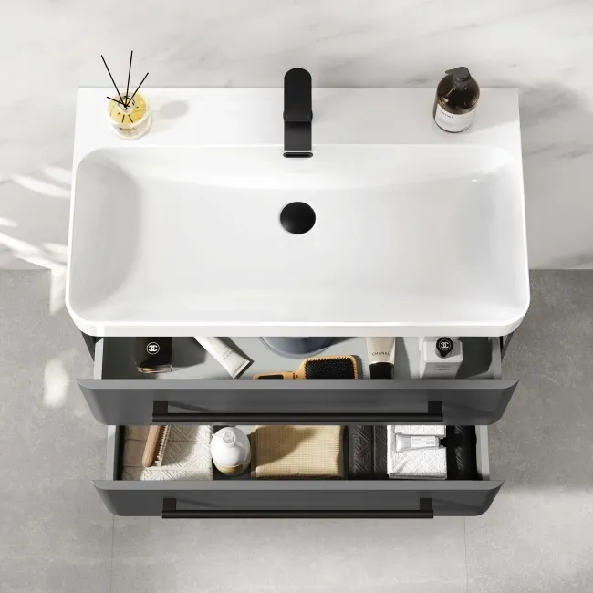 Omaha Slate Grey Wall Hung Basin Drawer Vanity 800mm - Black Accents