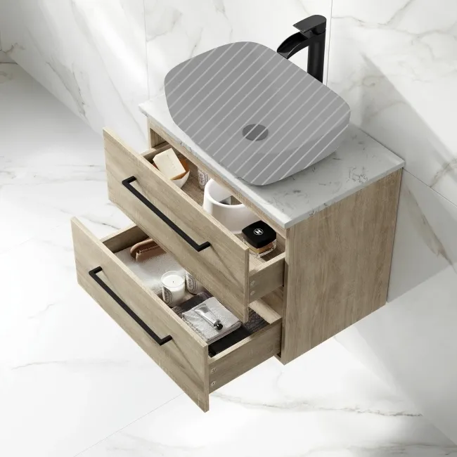 Elba Dawn Oak Wall Hung Drawer 600mm Excludes Counter Top Basin - Black Accents