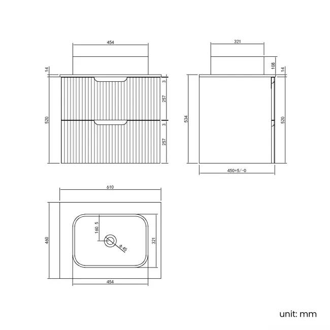 Crete Fluted Apex Oak Wall Hung Drawer Vanity with Marble Top & Marin Basin 600mm