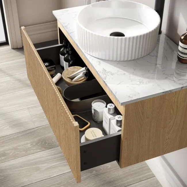 Malta Fluted Country Oak Wall Hung Drawer Vanity with Marble Top & Nevis Basin 800mm