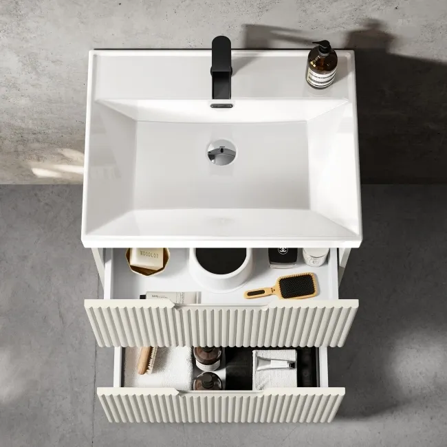 Crete Fluted Linen White Basin Vanity Drawer 600mm