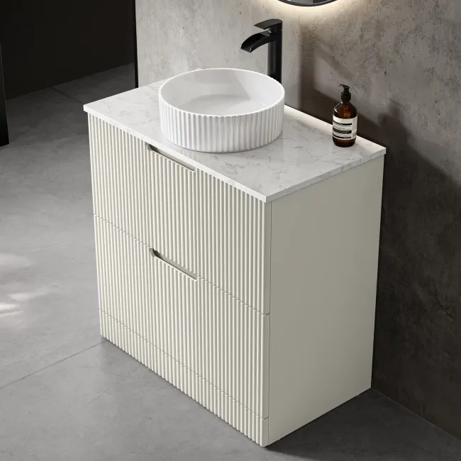 Crete Fluted Linen White Vanity Drawer with Marble Top & Nevis Basin 800mm