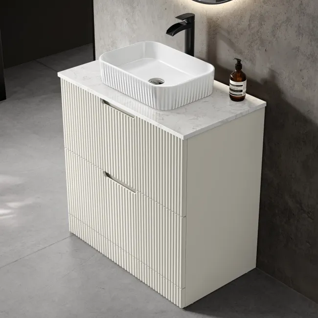 Crete Fluted Linen White Vanity Drawer with Marble Top & Reno Basin 800mm