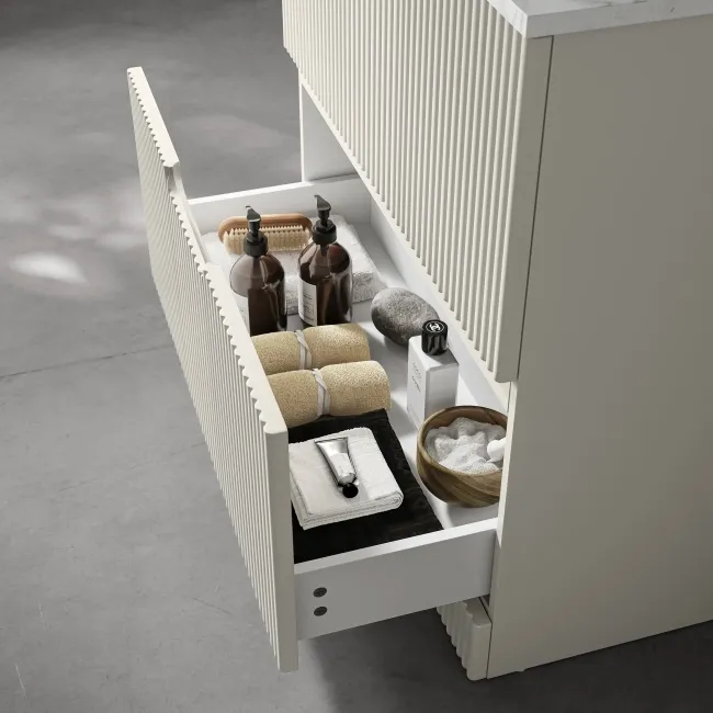 Crete Fluted Linen White Vanity Drawer with Marble Top & Reno Basin 800mm